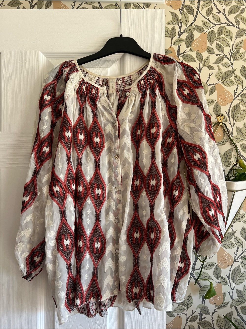 Anthropologie White Blouse with Red Geometric Embroidery